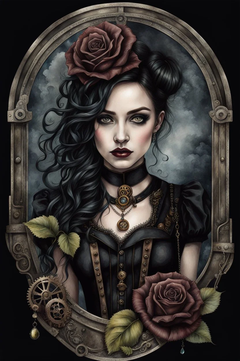 hyper photorealistic watercolor art style of a steampunk gothic style young woman with pale skin, big dark eyes, tiny nose, tiny mouth and messy dark hair , deep, dark colors, holding a black rose. She is gothic dressed, her expression is melancholic, surreal with mysterious elements. smooth blending, extremely detailed, realistic textures, cinematic, dramatic lighting