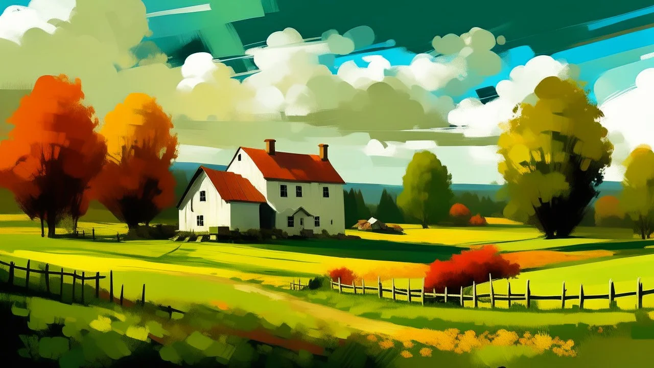 digital painting, A colorful painting of a rural landscape with a farmhouse, trees, and sheep grazing in a field, bold and slim lines, brush strokes