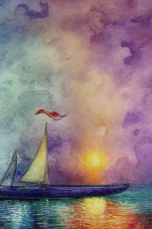 Rainbow in the darkening sky sunset sailing boats with snow-white sails seagulls on the shimmering water Jean-Baptiste Monge style surreal a masterpiece razor-sharp focus dynamic lighting watercolor and ink concept art extremely detailed psychedelic 8k beautiful high detail high definition colourful matte background Michelangelo Van Gogh colorful dramatic lighting fine art reflections whimsical National Geographic photography Alexander Archipenko Romantic Impressionism Fantasy illustration