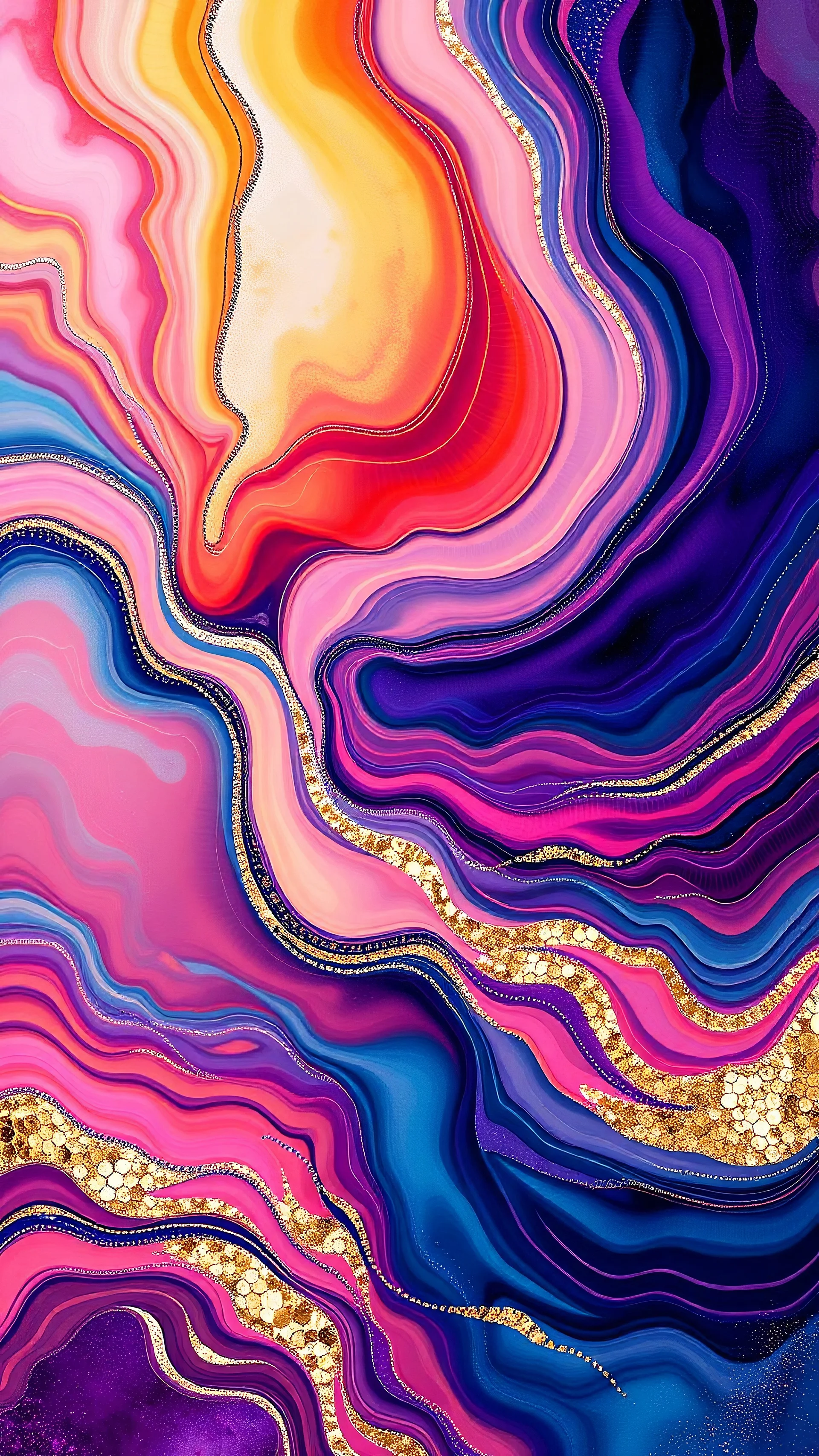 Create a visually striking iPhone wallpaper that blends abstract and natural elements. The scene should feature a vibrant, flowing mix of swirling colors and geometric patterns, with soft gradients transitioning into organic shapes like flowing water or clouds. Incorporate splashes of metallic gold or silver accents that catch the light, creating a dynamic yet serene composition. The overall aesthetic should evoke creativity, calmness, and elegance, with a modern, painterly feel.