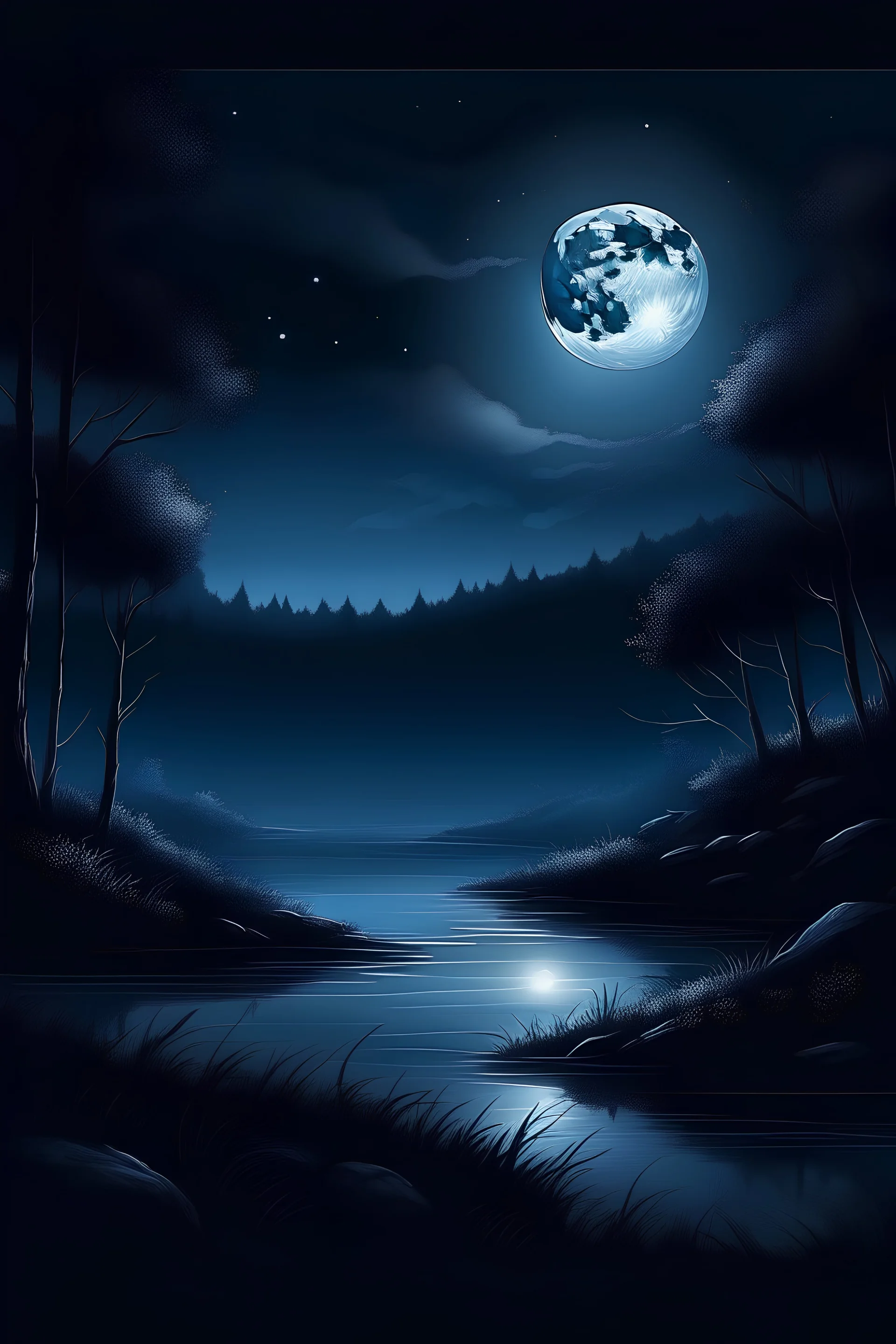 "Create an AI art piece that portrays the captivating interplay of moonlight in a dark night. Visualize a tranquil nocturnal landscape where the moonlight softly illuminates the world, casting enchanting shadows. Capture the stillness and mystery of the night under the moon's gentle glow."