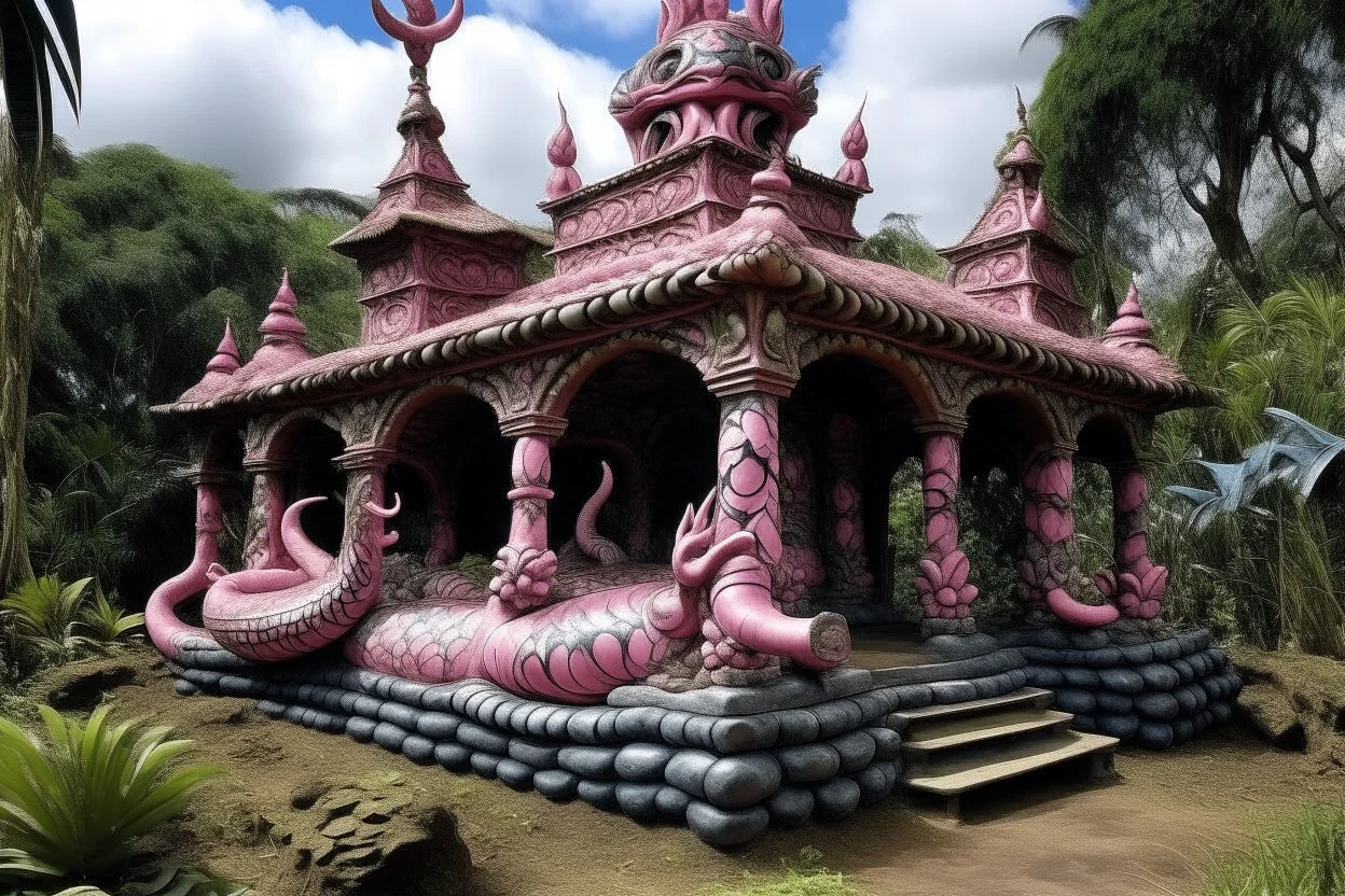 A blackish pink underground dragon palace designed in Hawaiian tiki statues painted by Vincent van Gogh