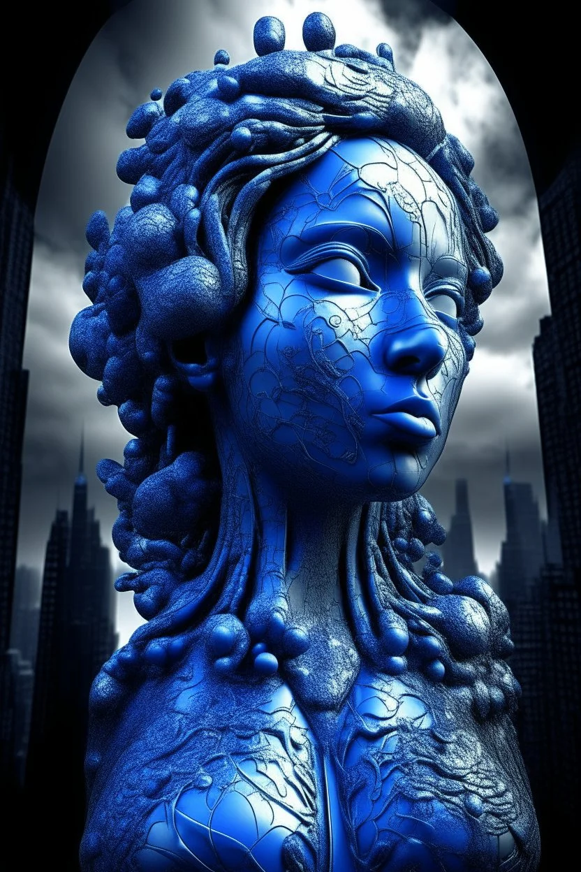 surrealis monochrome A fragmented, surreal sculpture liguid blue color of photorealistic image 3d,psychedelic art glossy emerging from devilish a crumbling empire state building. The girl face appear and intricate details, evoking a haunting expression. set against a backdrop of stormy, cloud-filled skies. bauhaus art The overall tone is dark blue and moody, suggesting themes of decay and transformation.fine lines draw