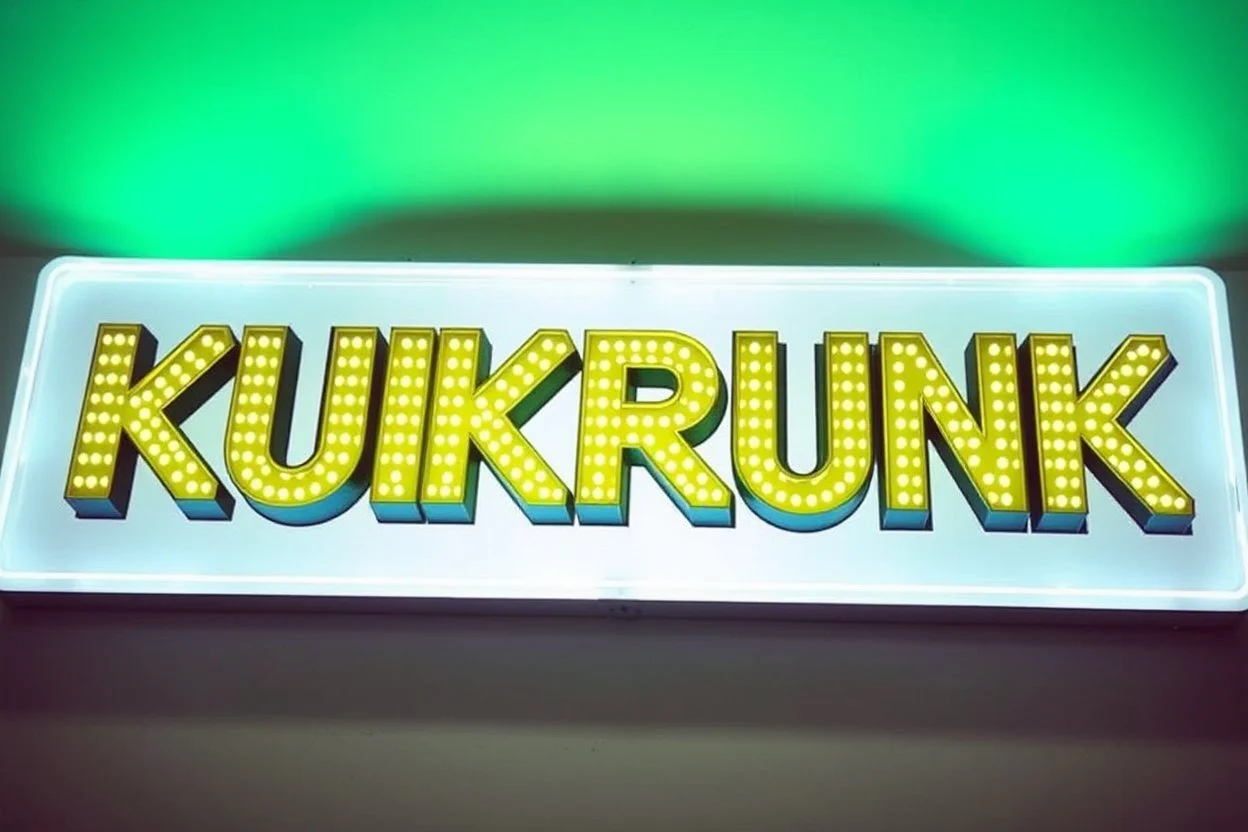 A 1980 disco sign labeled "KUKRUNK" white background and bold 80s font