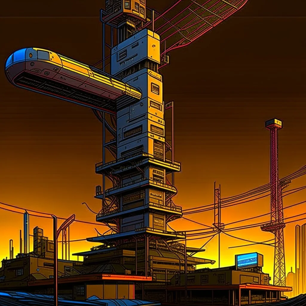 cyberpunk retro futuristic for comics really tall from far away