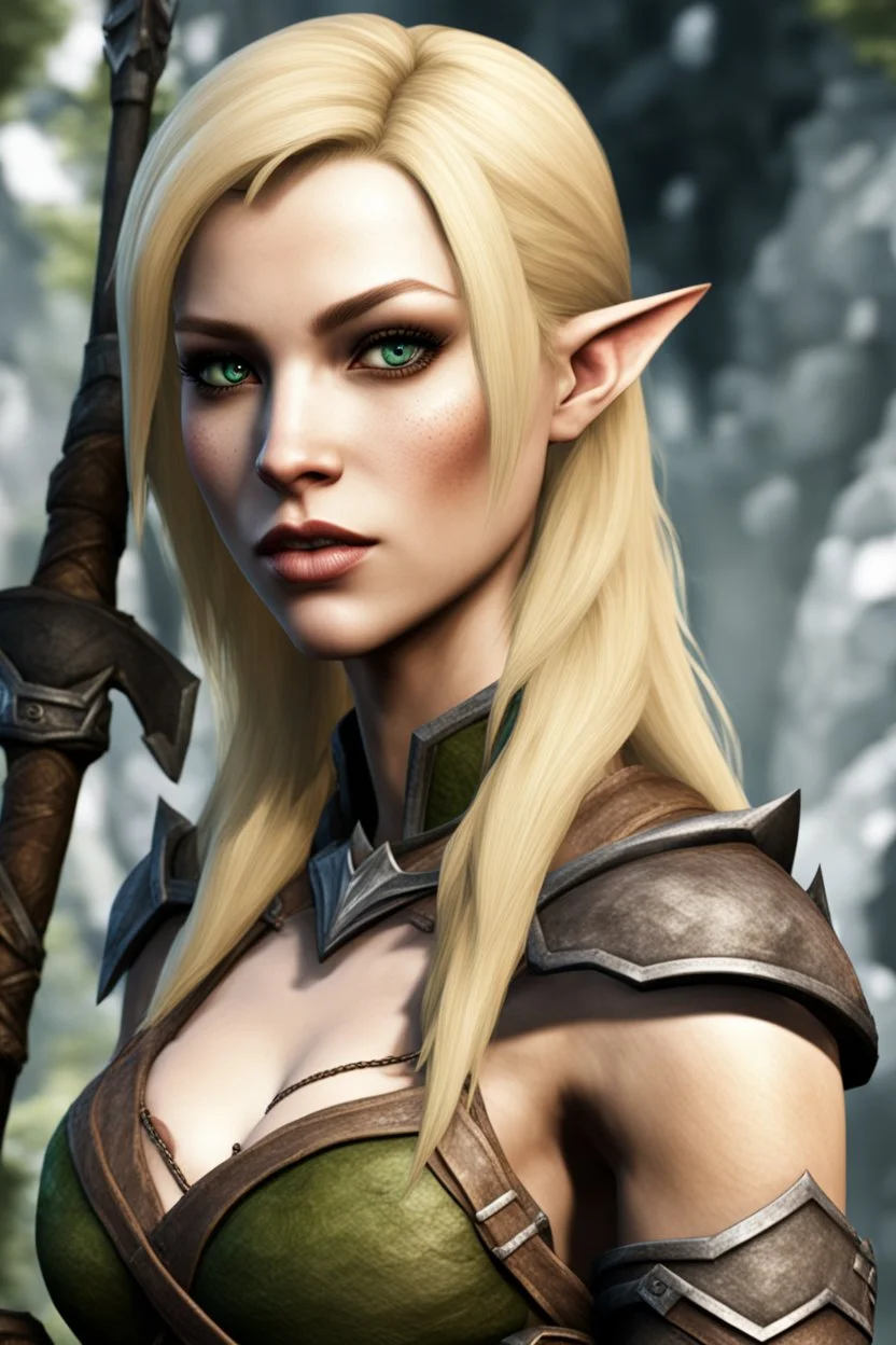 A female bosmer barbarian from Skyrim, blonde