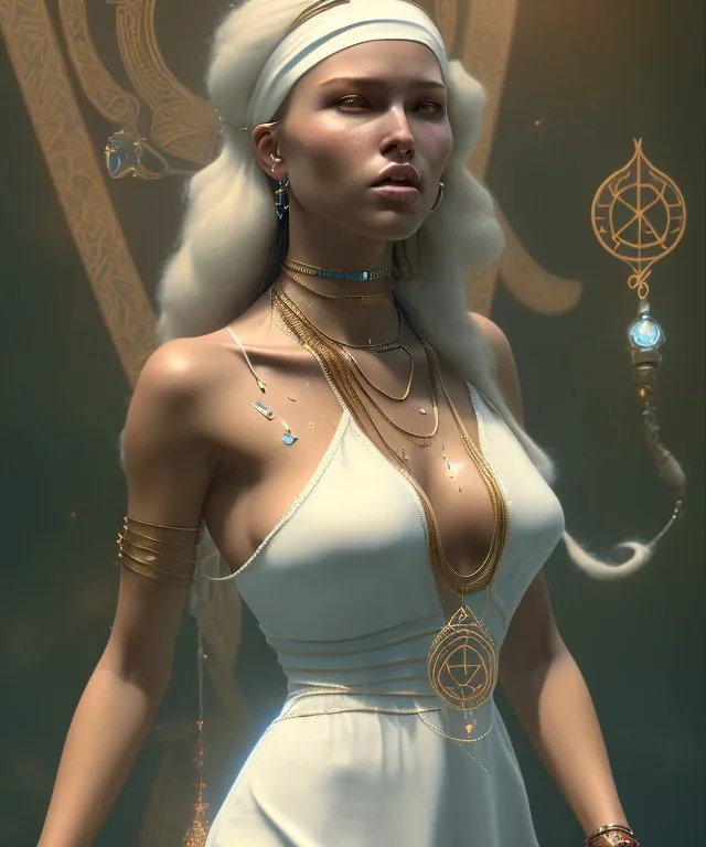 Gipsy, beautiful, curvy body, white fabric dress, beautiful long hair, bandana covering head, long earings, head and shoulders portrait, holding tarot card, 8k resolution concept art portrait by Greg Rutkowski, Unreal Engine 5 volumetric lighting