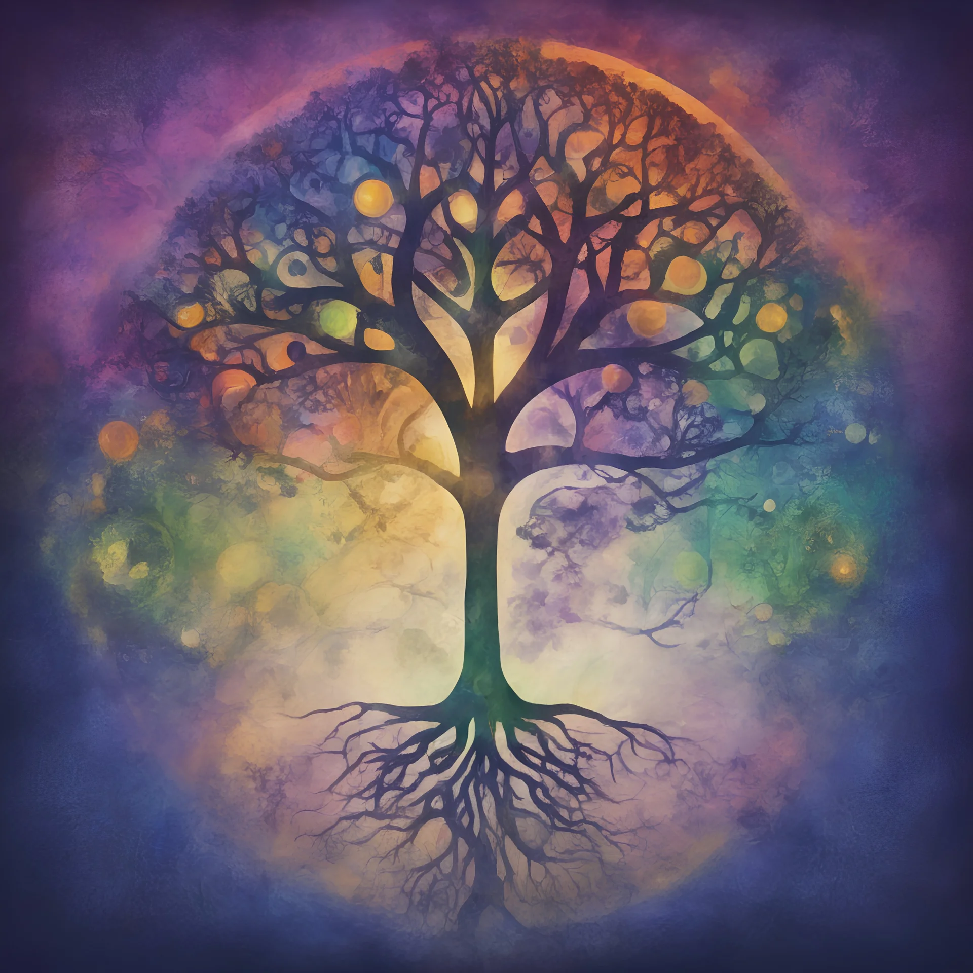 Reiki meditation silhouette, with 7 vertical chakras in order top to bottom violet, indigo, blue, green, yellow, orange, red). tree of life in the background