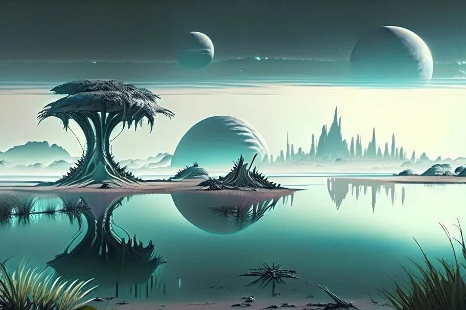 Alien landscape with grey exoplanet in the sky, Lagoon, vegetation, sci-fi, concept art, movie poster