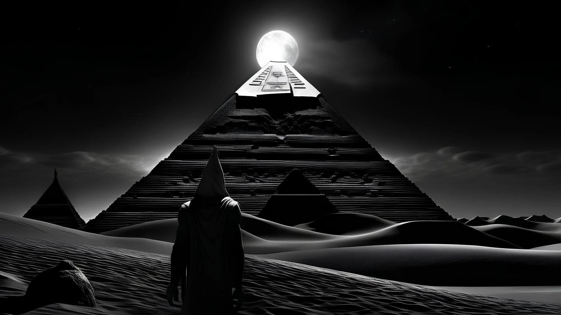 "A super scary cinematic black and white YouTube thumbnail for the horror story 'Whispers of the Sands'. The image shows an uncharted ancient Egyptian pyramid under a star-filled sky. Moon green Jonah, a seasoned traveler, stands with his back to the viewer, facing the pyramid. He's holding a light source, creating dramatic shadows around him. The desert dunes surround him, adding to the scene's mystique. Green light