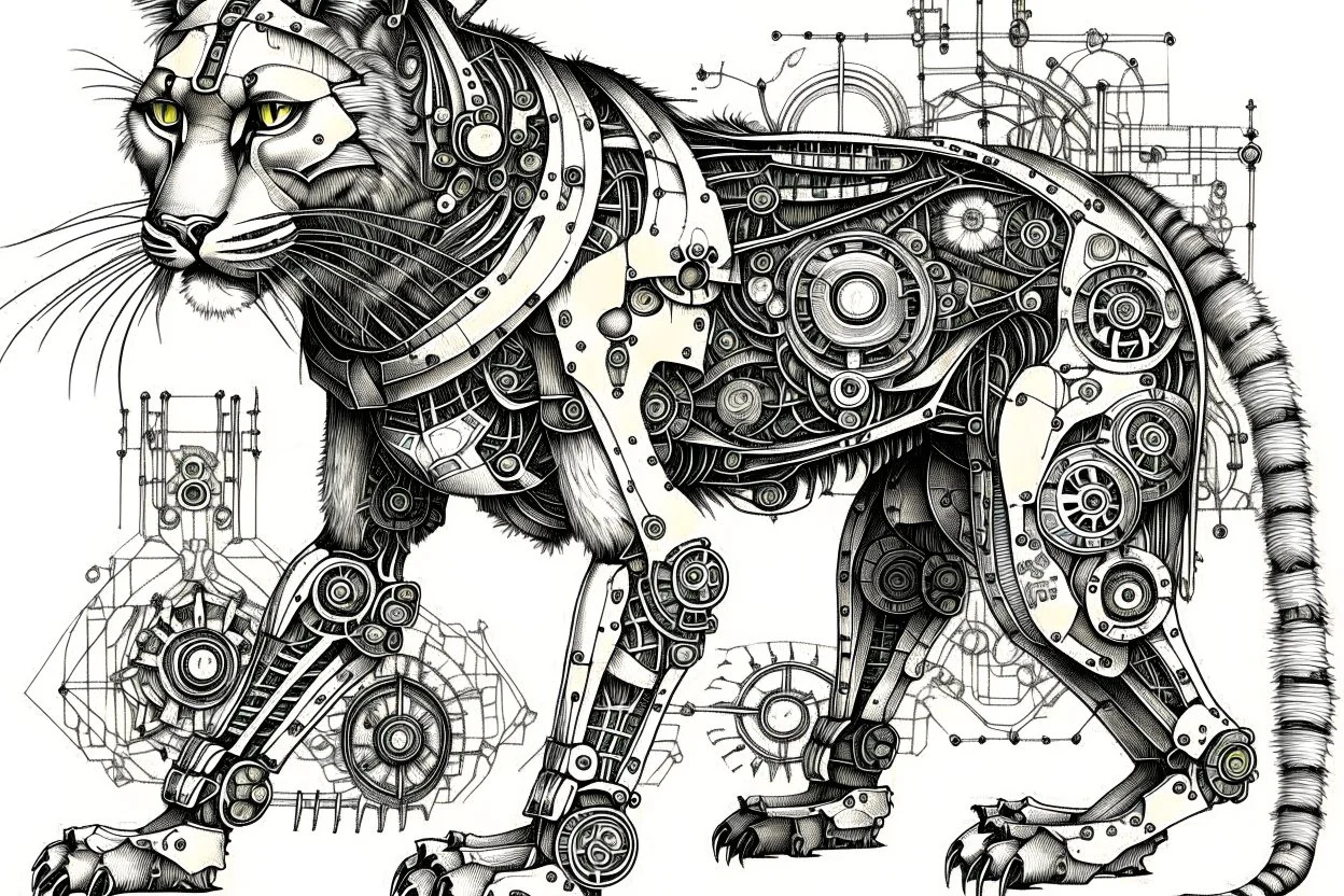 lynx, whole body. Style: cyborg, steampunk, cyberpunk, biomechanic. Technique: fine detailed etching black ink. Background: old moist dirty paper, technical schematics with pencil