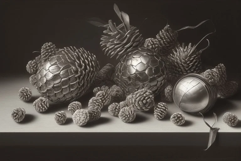 a realistic still life graphite drawing of pine cones in the classical style of Pieter Claesz, Jan Jansz. van de Velde and Anthonie Leemans