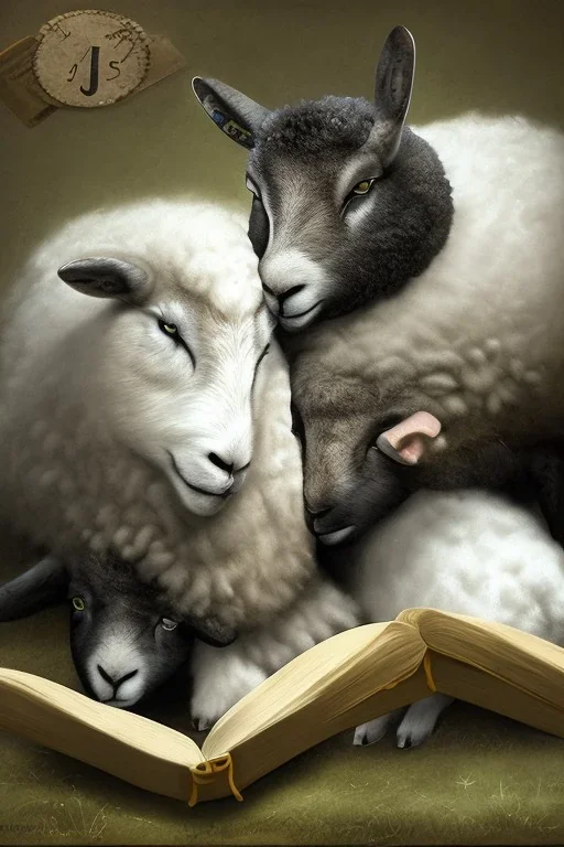 one black sheep reads a book on other site white sheep herd sleep going down