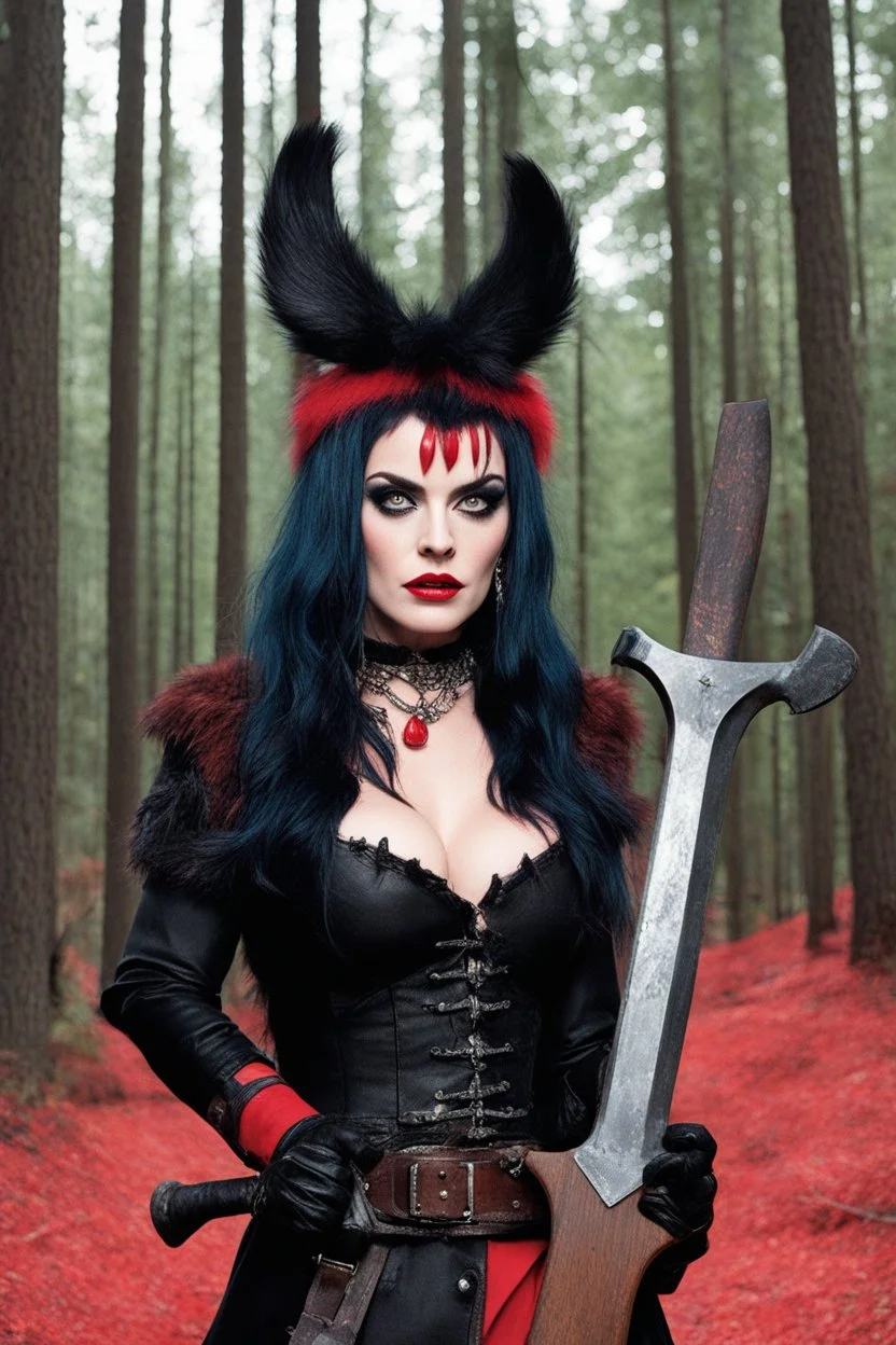 SNIFFIN’ GLUE magazine high res photo cover by Iwan Baan:, special Disobey issue, guest star: Nina Hagen in lumberjackwith a bloody axe in a forest surrounded by woods, NO RULES, just punk