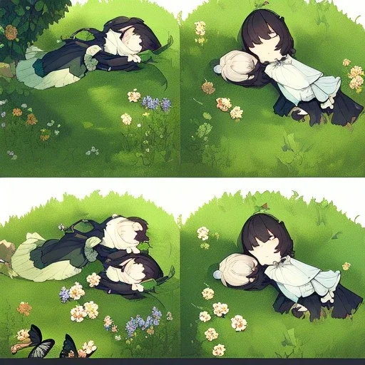 tiny anime girl sleeping in the distance, laying down in a field of flowers, underneath a willow tree, with a butterfly on her nose, hand detail looks human.zoom out. zoom out