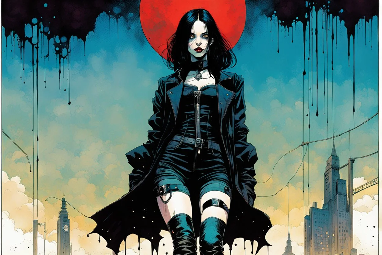 Create and fine print full body illustration of a Goth Girl with finely lined and detailed facial features in a ragged gothic dress ,battered combat boots, , in the graphic novel style of Bill Sienkiewicz, and Jean Giraud Moebius, precisely drawn, colored and inked