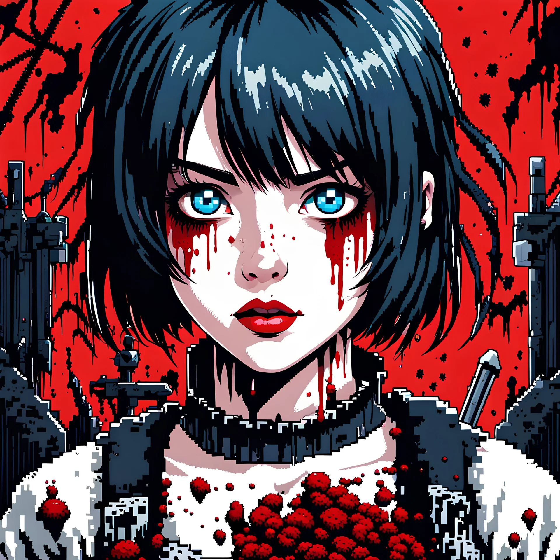 2dcg,ghouls,cute teenage girl with short hair and blue eyes,pixel art style,black and white color,B&W,gore,violence,white background,Extremely Violent Decapitation,dismemberment,disturbing,Monster,guts,morbid,mutilation,sacrifice,butchery,meathooks
