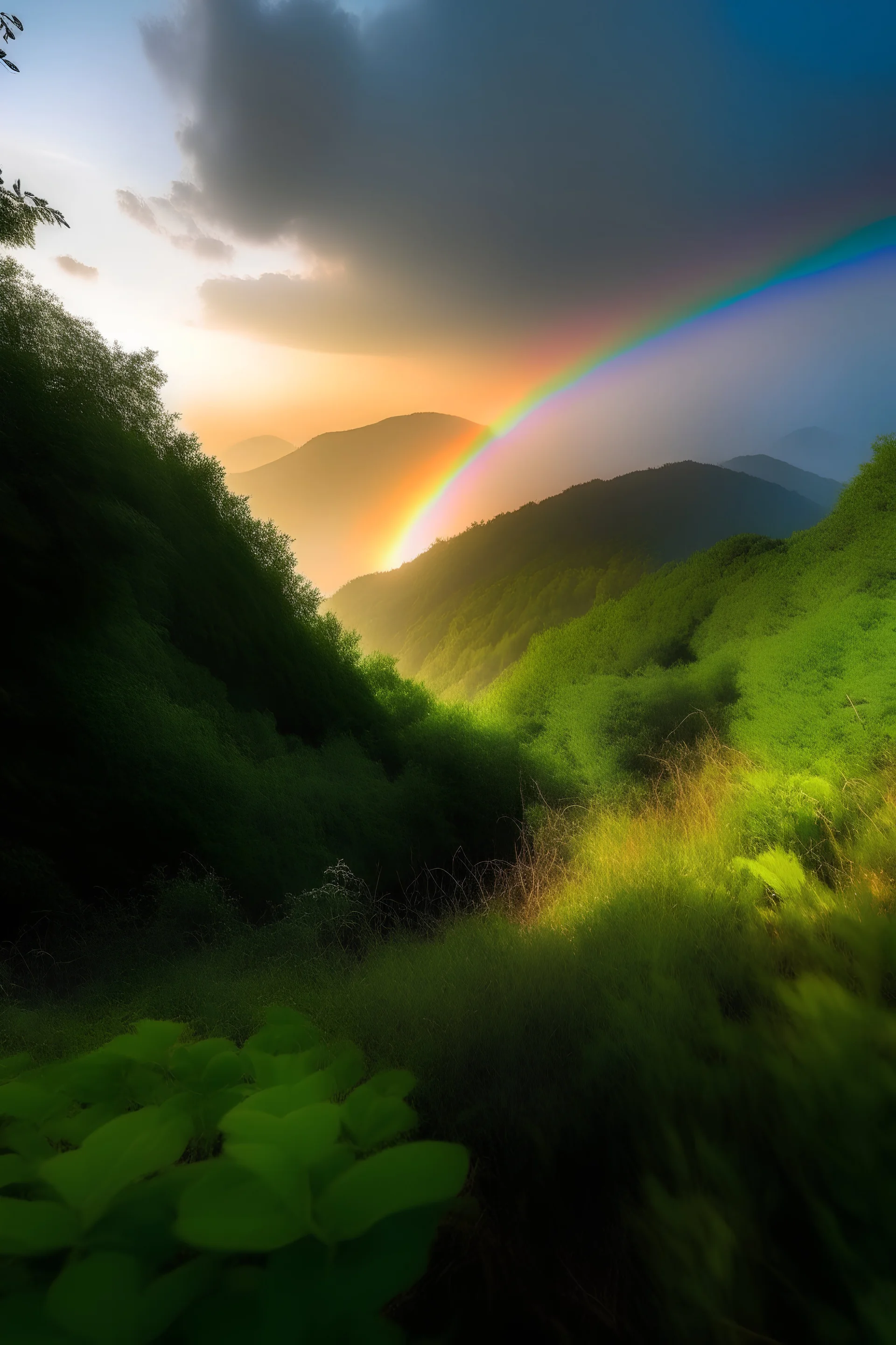 amanecer en la montaña con abundante vegetacion y un arco iris de fondo