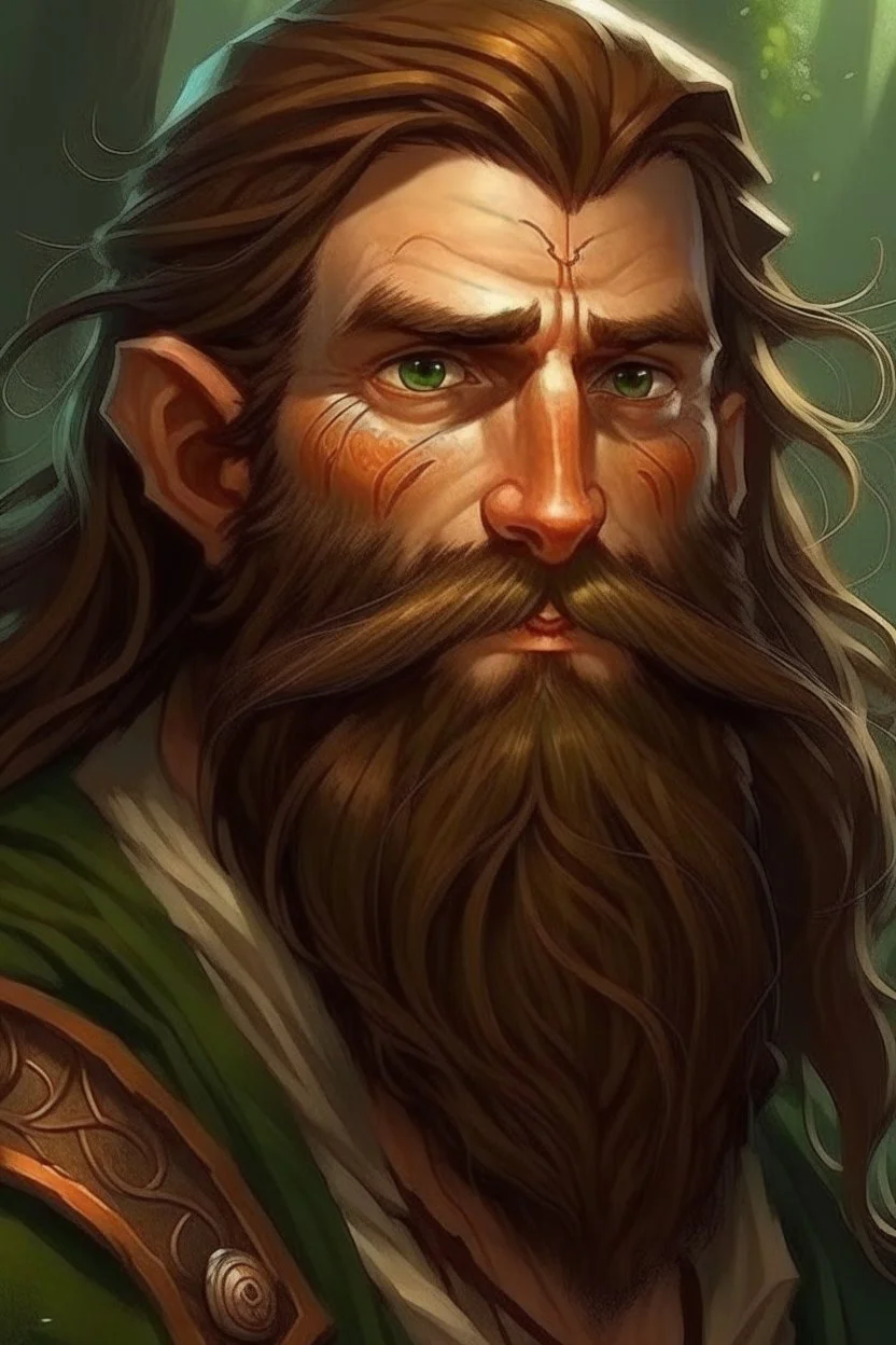 Gnom, braune lange wilde Haare, große, auffällig dicker Nase, gepflegter Bart, kein Vollbart, grüne Augen, sehr jung (etwa zwanzig Jahre) , Druide, gebräunte Haut, Zeichen im Gesicht