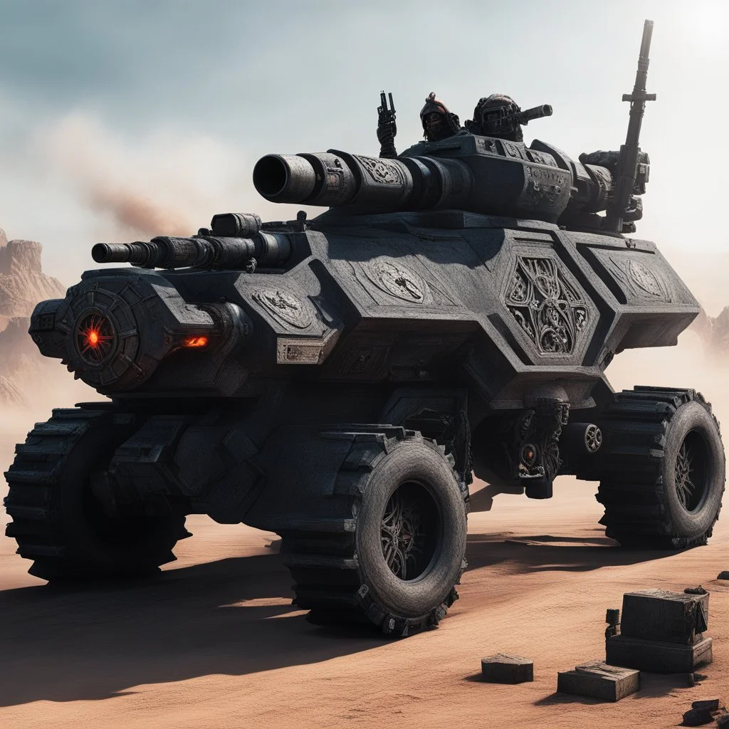 [high res hell photo] Ride Armored pilot vehicular Insanity with demonic wheels and runes carved on the blindage in a deicide context, smoking sniper gun with heavy cannon and hyperbolic cursed ammo