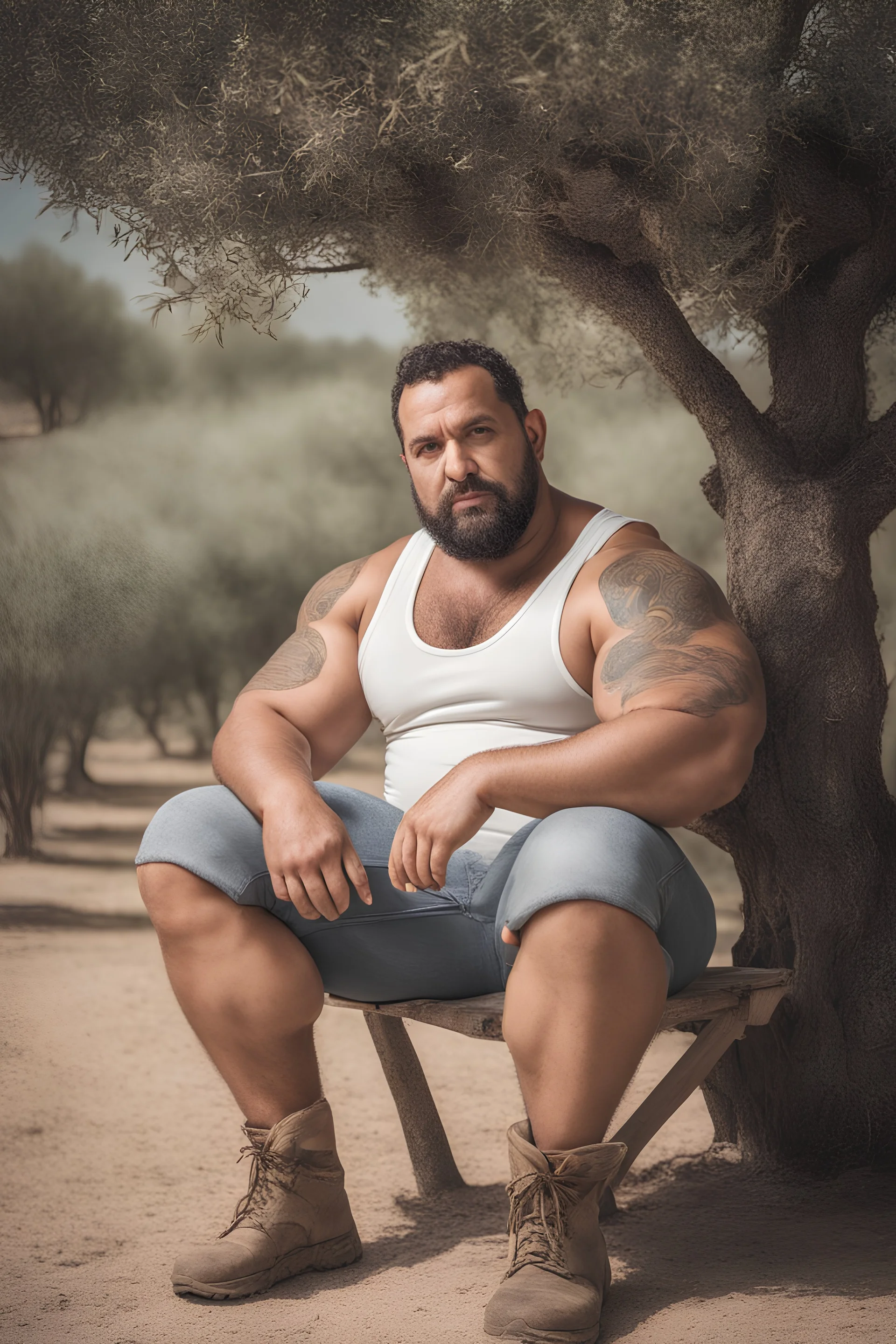 half figure shot photography of a marocan ugly dirty burly muscular chubby farmer 36 years old, bullneck, strong arms, big belly, manly chest, very sweat, short beard, tattoo, curly hair , short bulging pants, open legs sitting on a chair under an olive tree , big tights, barefoot, ambient occlusion, hyper detailed photography, photorealistic, 35mm lens, side light, frontal view from below, natural colors