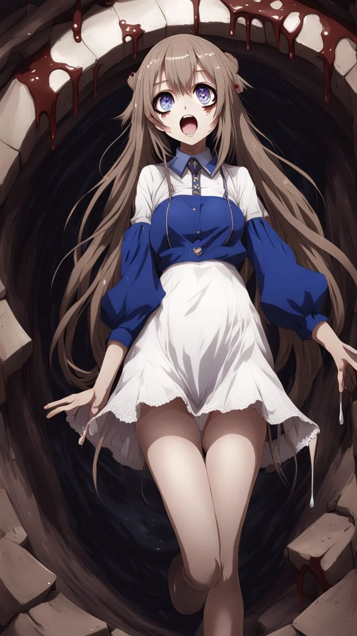 Anime girl with big eyes, darkblue and sepia tones, fullbody, slime, the perspective looking up from the bottom of an empty well, rolling eyes, tongue out, blood drip, open mouth, big thighs, long hair white,