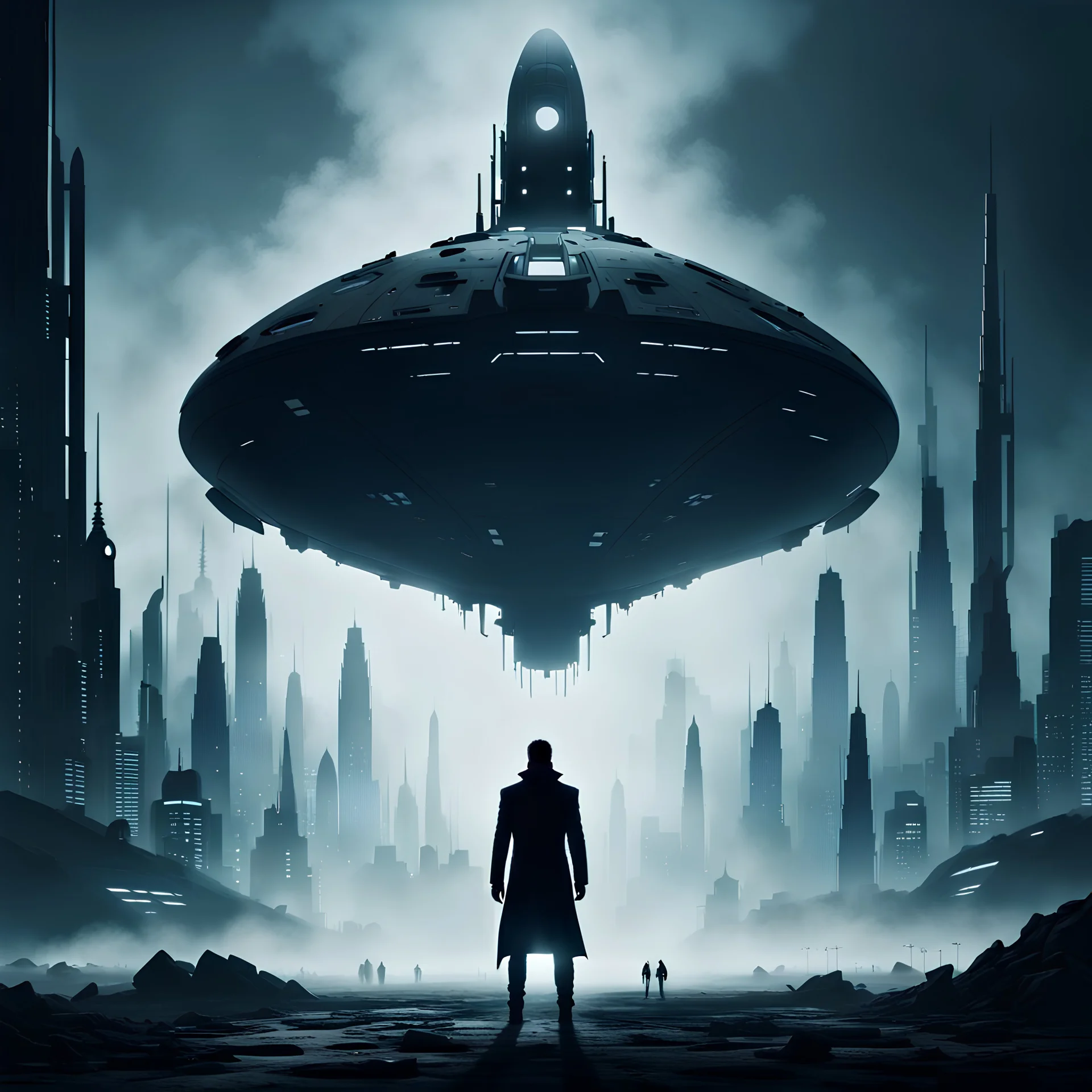 Ground level dark futuristic city scape. mist near the ground. silhouette of one man. he is standing next to a small spaceship