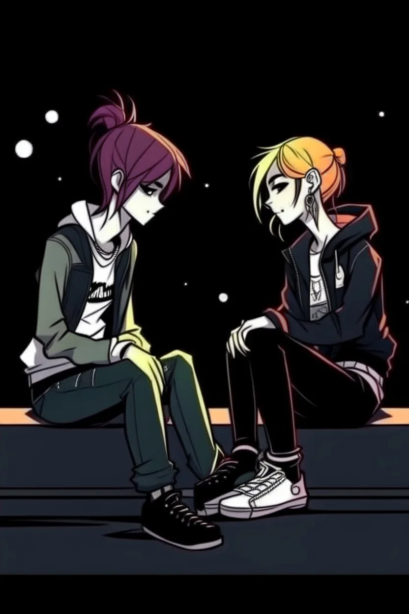 2D animasyon gece oturmuş birbirleri ile sohbet eden 2 kız kısa saçlı ve daha güzel kıyafetler daha detaylı punk tarzı saçları farklı biri diğerine platonik