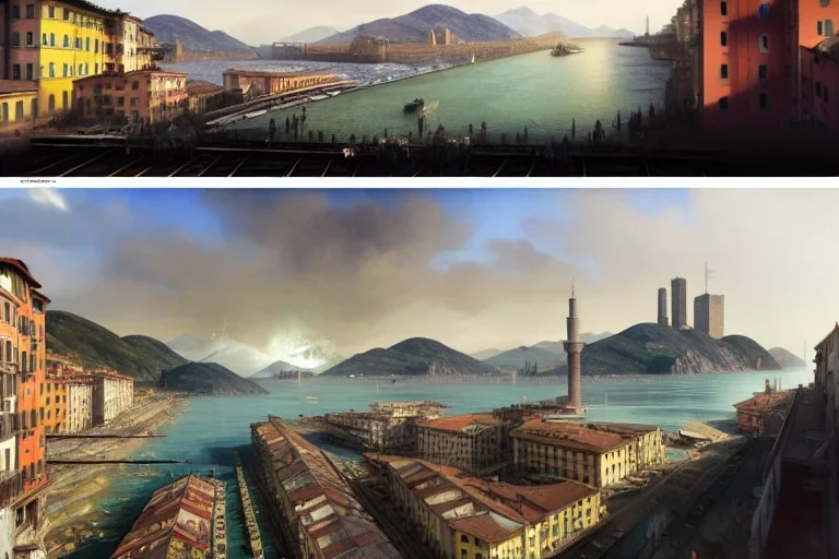 Train corner+Elevated Train pass on sea+trains+ corner building on sea+riomaggiore+genoa street+turin+Italian medieval town+Italian city+alphonse mucha, greg rutkowski,matte painting, cryengine, hyper detailed, felix kelly, fantasy art, seb mckinnon