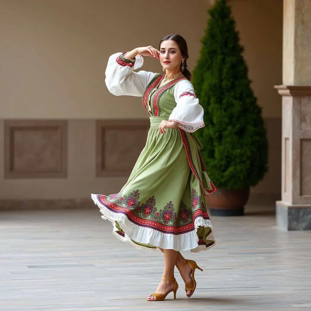 azeri female with traditional silck dance clothing,midi skirt dance shoes