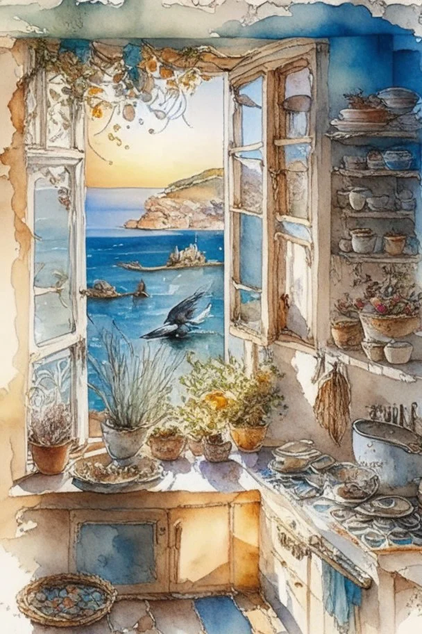 The kitchen of a Greek house, with a view of the sea through the window by Jean-Baptiste Monge, watercolor and ink, intricate details, fantasy, beautiful, award winning, colorful, fantastic view, crisp quality in sunshine