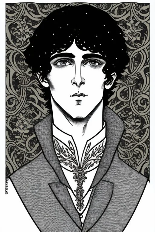 Black haired blue eyed freckled young male warlock in the style of aubrey beardsley