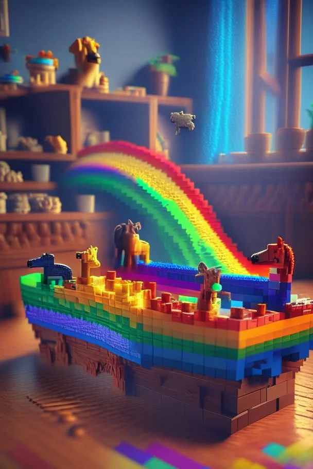 LEGO Noah's ark with animals, rainbow, on a carved table in a living room pixel art Unreal Engine digital painting highly detailed crisp quality award winning 4k colourful intricate very attractive beautiful imperial colors dynamic lighting sharp focus fantastic view