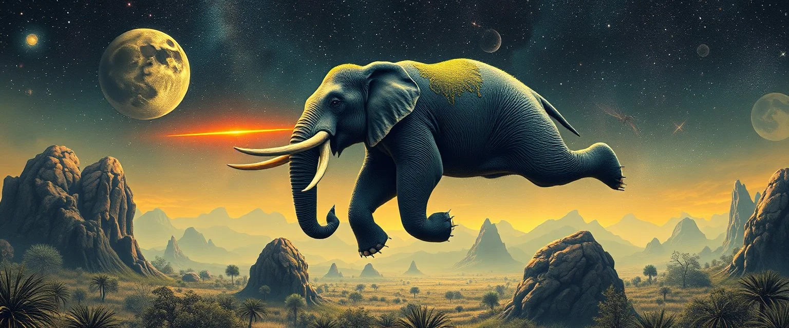 bear ant eater elephant floating in 4 dimensions, goa trance movie poster, stylized art