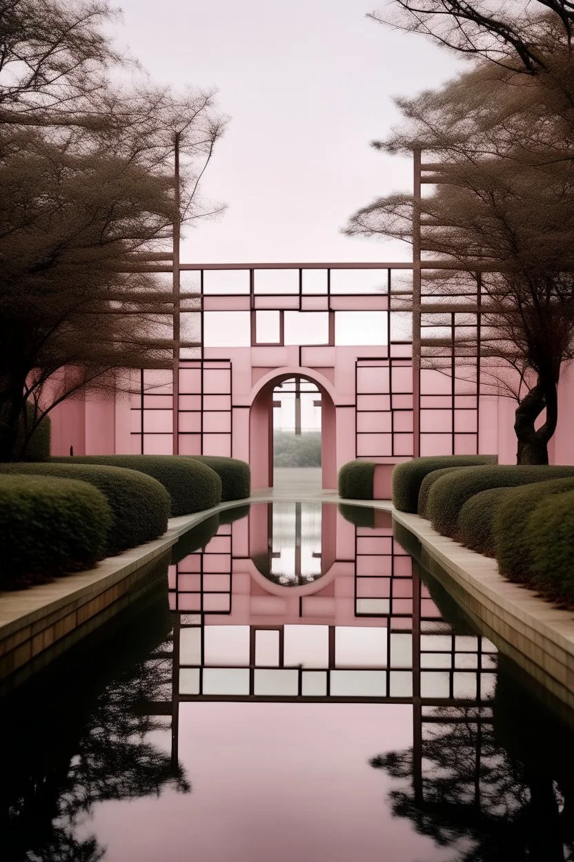 A light rosy pink mystical maze with a bridge painted by Piet Mondrian