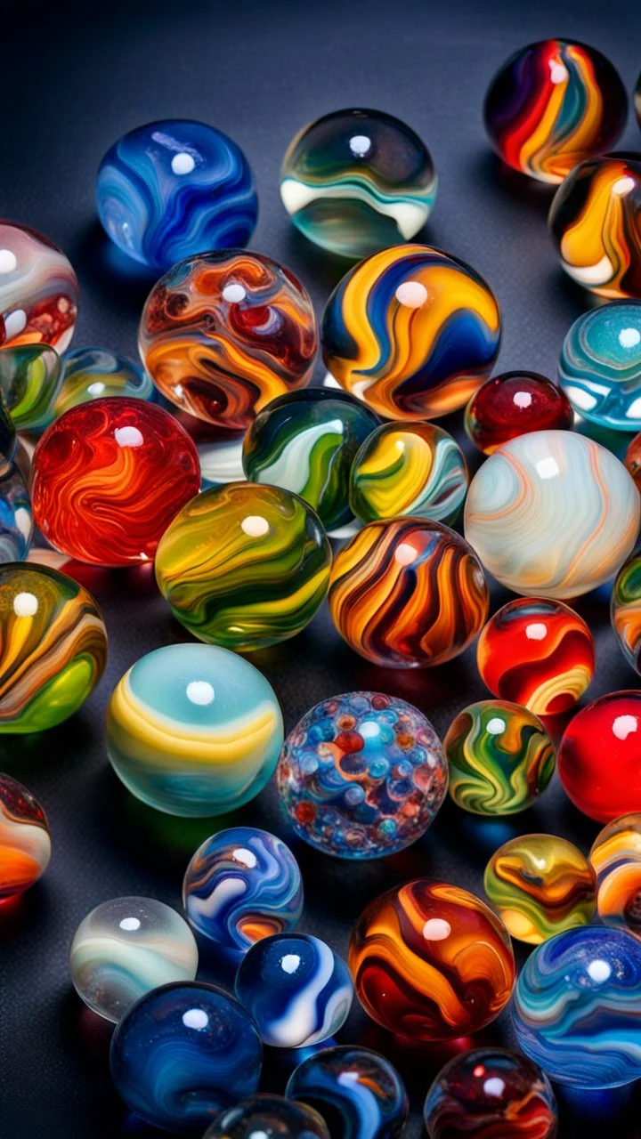 many stunning glass marbles, colorful, extremely detailed, realistic shapes, colorul, 90s nostalgia, stunning, shiny, ultra detailed, dark background, perfect photo