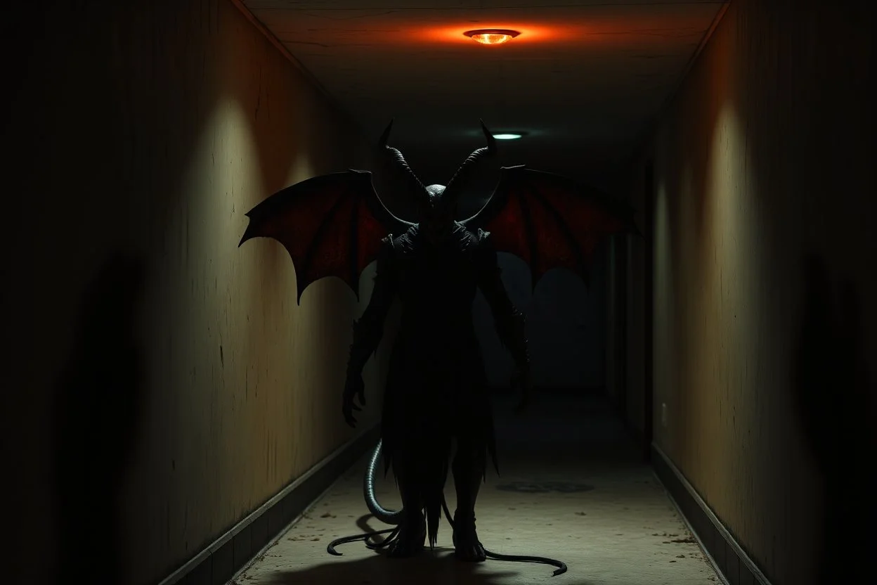 a sinister devil standing in a dark hallway