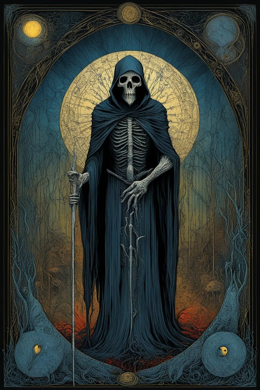 tarot card, tarot card text "DEATH", tarot card borders and border flourishes, styled by Dave Mckean and Zdzislaw Beksinski and Tomasz Setowski, and Paul Klee, hyperdetailed, black background, eerie, magical effects, projected surreal image of Death reaper, smooth, crimson and midnight_blue, trending on Artstation, 8k, morbid, text "DEATH".