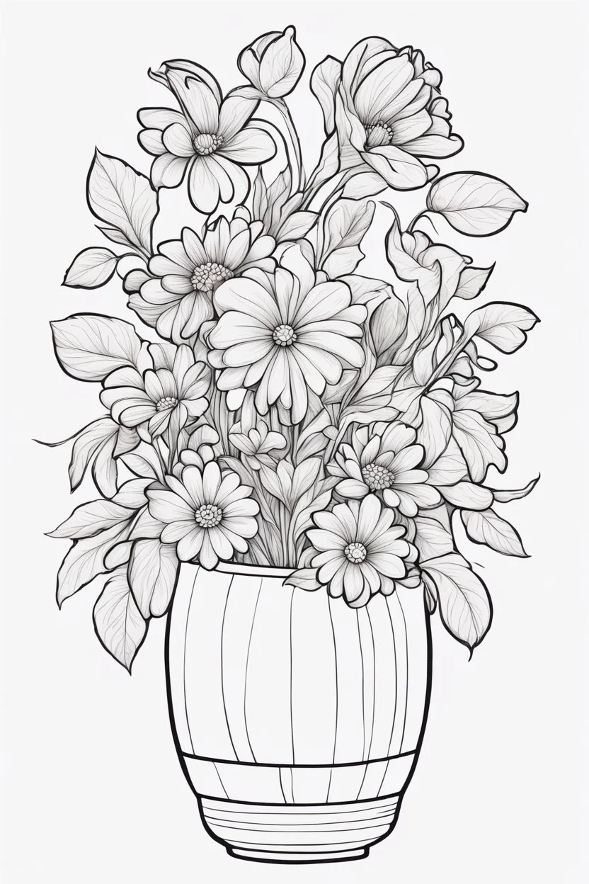 outline art for cute flower in vase woman holding coloring pages with which, White background. sketch style, clean line art, white background, no shadow and clear