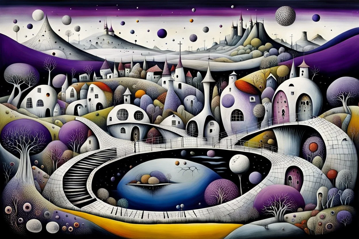 whimsical, weird ball-like houses stand in village in weird whimsical landscape with long bridges, , futur-surreal vibe with abstractions, around surreal cracked painted weird land with dark purple, gray, black, white, brown, and deep colors. style of Chagall , of Minjae Lee and Tim Burton, absurd beauty picture. weird bizarre absurd, nightmare, big neuron network background and thin bridges, surreal cinematic vibe