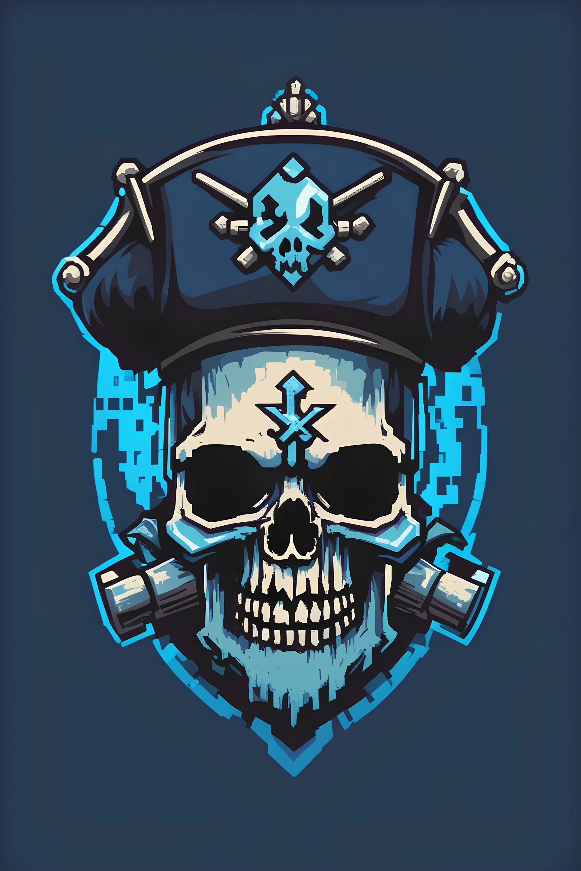 An 8-bit style logo of a skull wearing a pirate hat with Trident ans a blue glow.