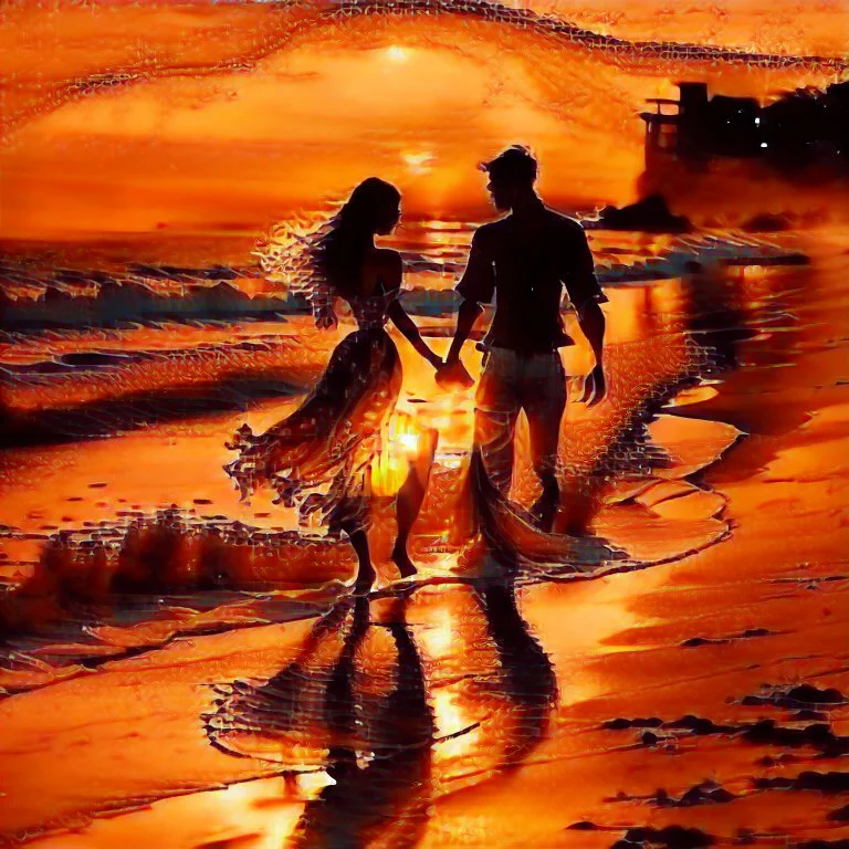 Amidst the beach's embrace, a youthful couple walks, love radiating effortlessly. Sunset's golden touch paints them, shadows intertwining. Her flowing dress mirrors the boundless sky, his gaze, pure devotion. Laughter mingles with waves, creating a symphony. A universe of affection resides in stolen glances, entwined fingers, smiles. Time pauses, their love the focal point. The world fades, leaving their profound connection aglow.