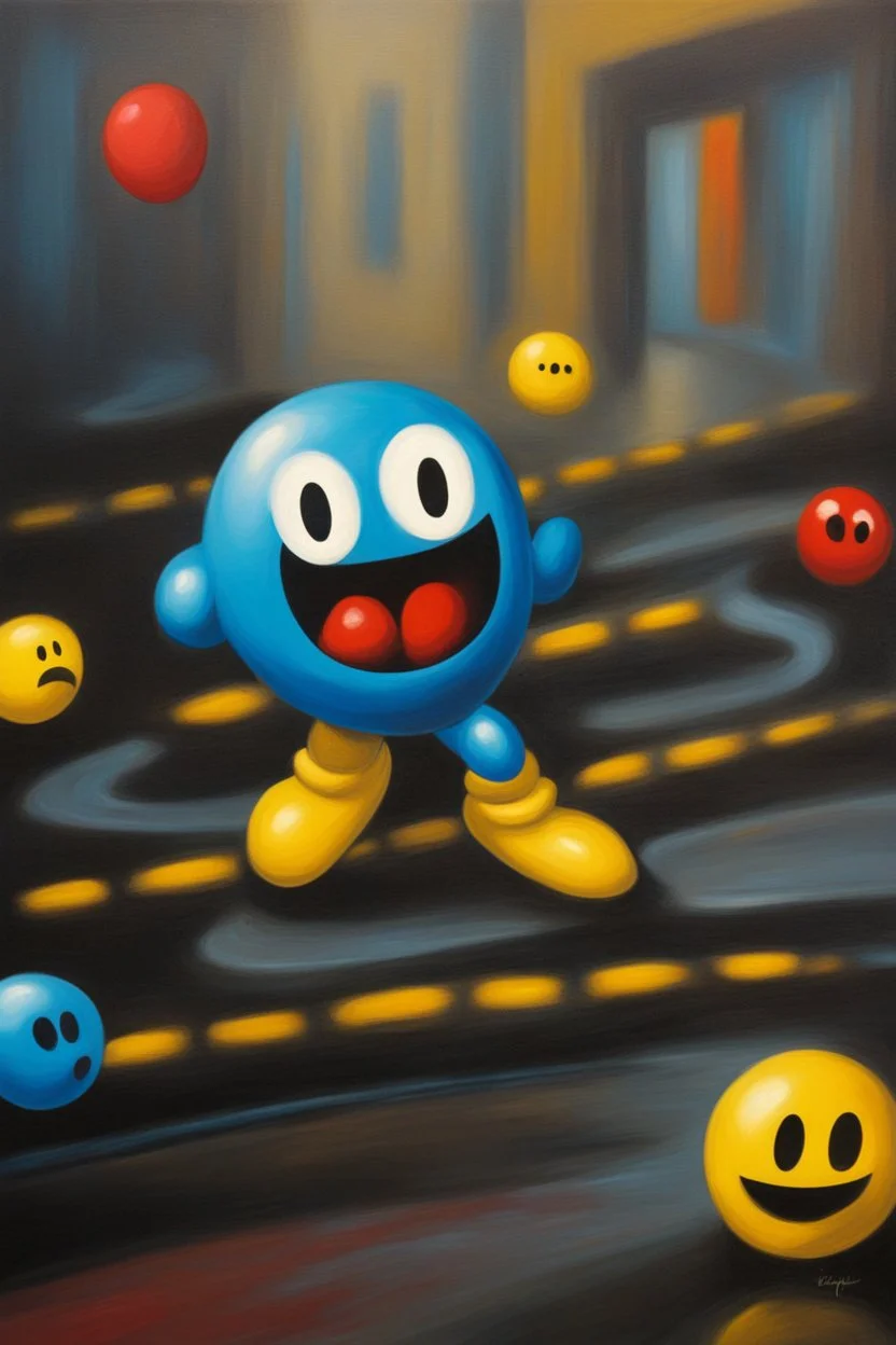 oil painting of pac-man chasing a ghost