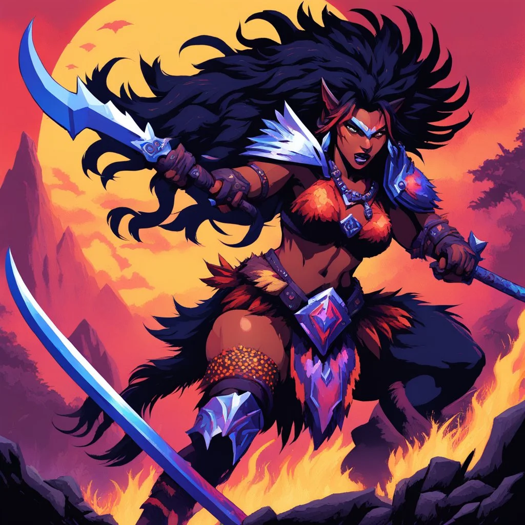[psychedelic pixel illustration by Jannell Jaquays with Verve colour palette] Shaya Bloodfang, fierce barbarian untamed wilds, charges battle unmatched ferocity. Armed blade instincts predator, she fights survival vengeance. monstrous fiend on her trail, she faces her fate head-on, spirit wild.