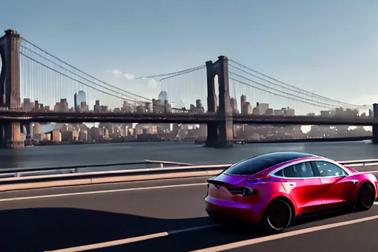 A Tesla 'Model S' is going at a high speed, on the 'FDR Drive', eastern Manhattan. (CINEMATIC, WIDE ANGLE LENS, PHOTO REAL)
