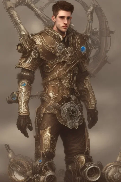 male quadriplegic Dökkálfar wearing a steampunk exoskeleton powered by gears, in fantasy style