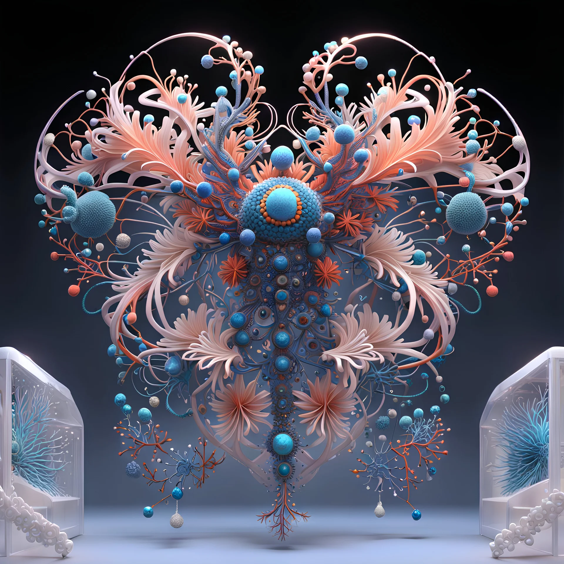 3D rendering of Expressively detailed and intricate of a hyperrealistic “ neri oxman headpieces”: front view, full body, insect anatomical, human cell, molecules, coral, glossy skin, neon, scientific, black background, cosmic fractals, octane render, 8k post-production, dendritic, artstation: award-winning: professional portrait: atmospheric: commanding: fantastical: clarity: 16k: ultra quality: striking: brilliance: stunning colors: amazing depth