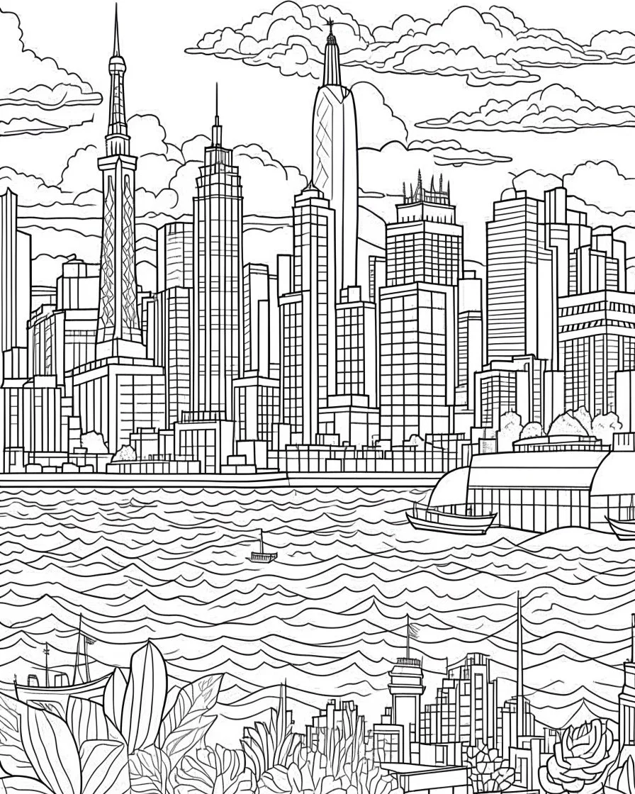 New York City view in the sea coloring page, full body (((((white background))))), only use an outline., real style, line art, white color, clean line art, white background, Sketch style.