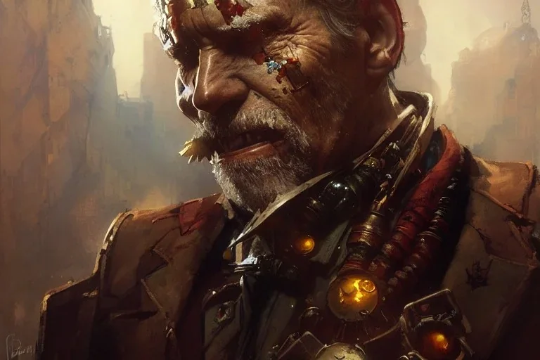 crooked and broken old man in a steampunk mechanical suit portrait dnd, painting by gaston bussiere, craig mullins, greg rutkowski, yoji shinkawa