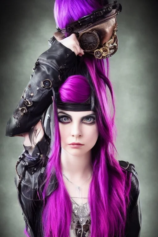 Ultra realistic photo of a steampunk woman ,, wearing leather jacket, long purple and pink hair, , 8k, highest quality,